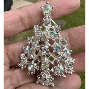 VTG Christmas Tree Brooch Pin 2 Inch Silver Rhodium‎ Multicolor AB Rhinestones